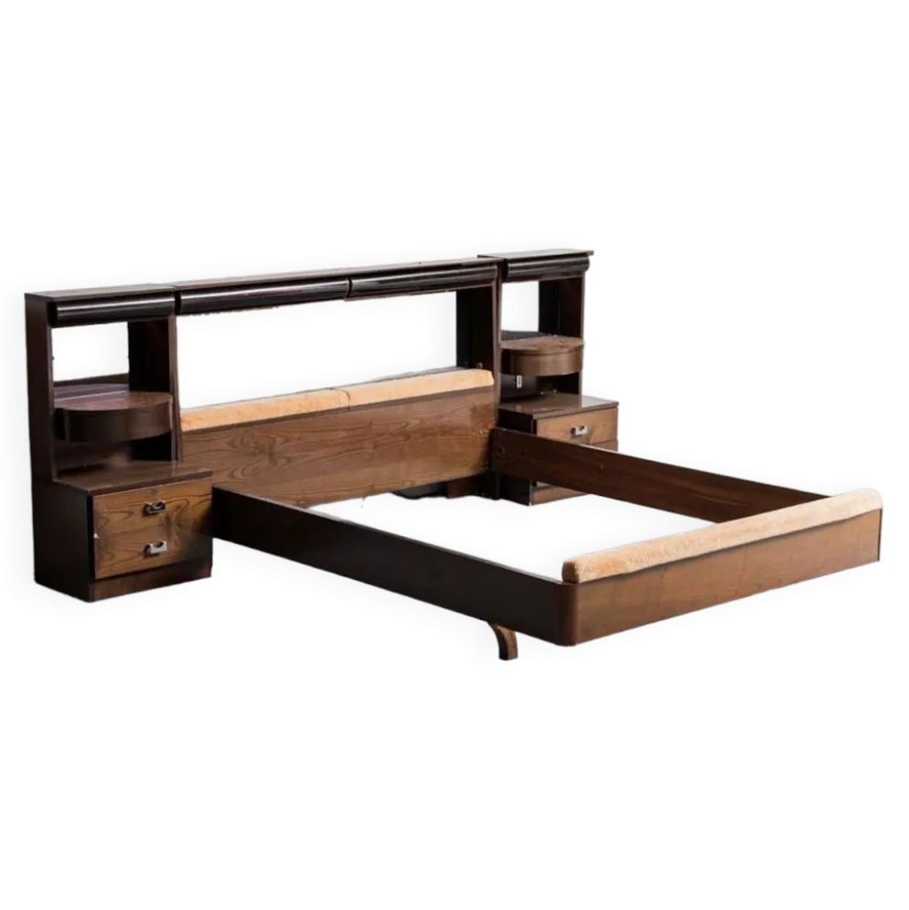 Lit double en bois, tissu, vintage moderne des années 70