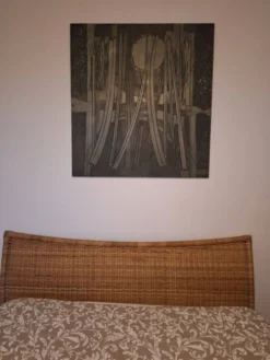 Lit double vintage en fer et osier, années 1980