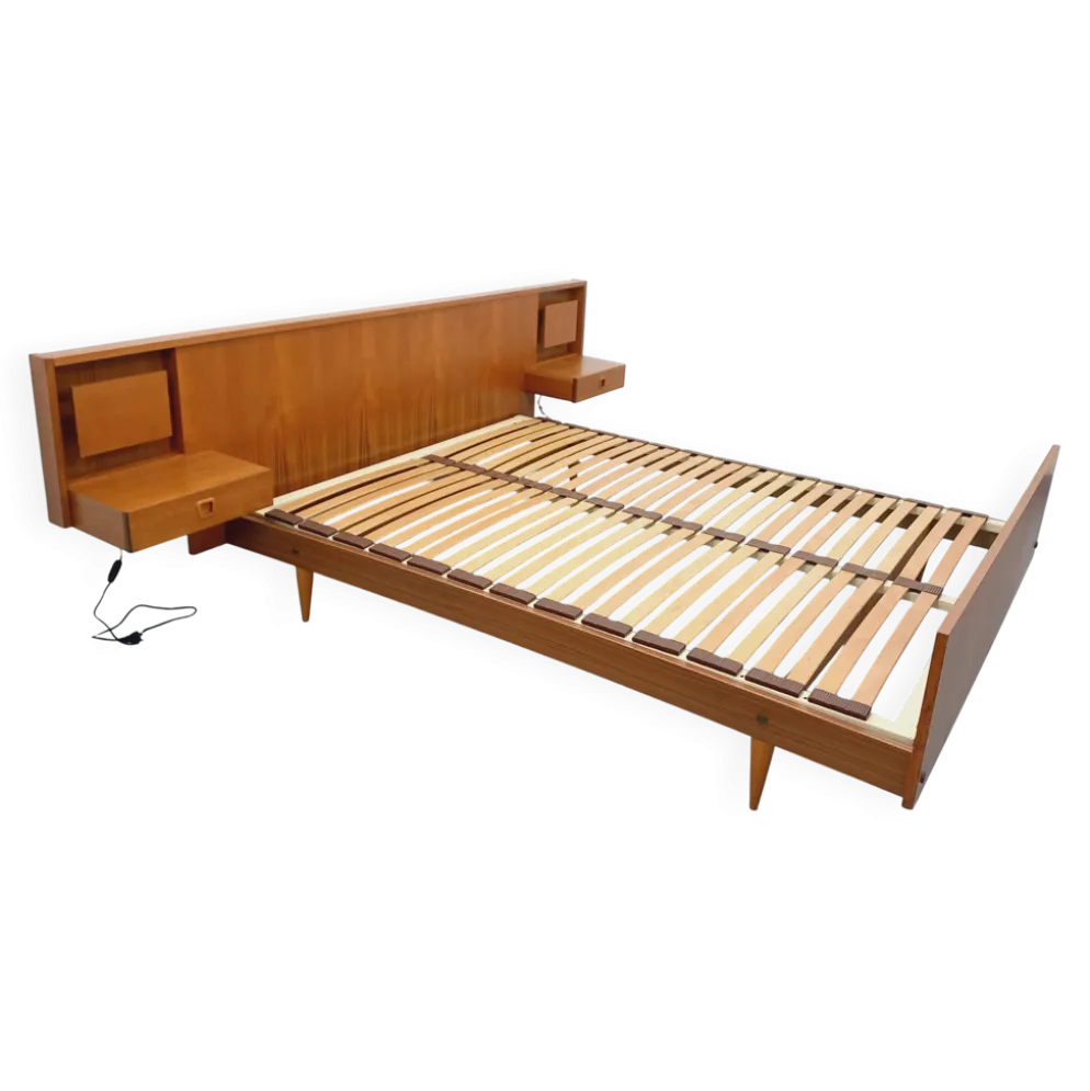 Lit double vintage style scandinave en teck des années 60 avec chevets