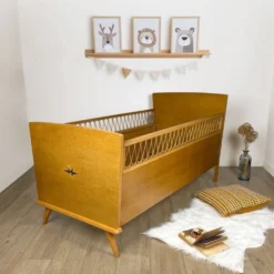 Lit enfant bohème bois et rotin années 60