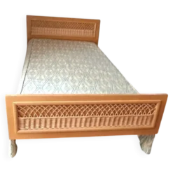 Lit rotin une place vintage années 1970 en bois blond
