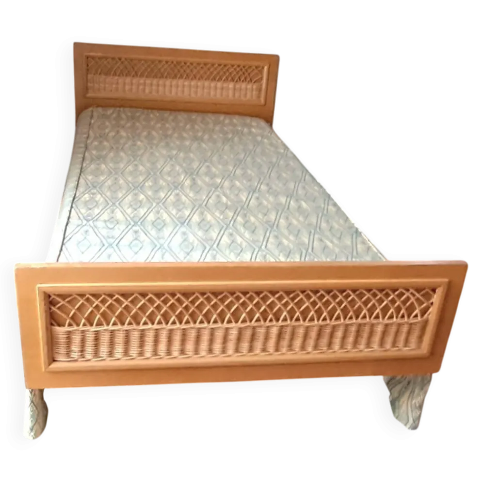 Lit rotin une place vintage années 1970 en bois blond