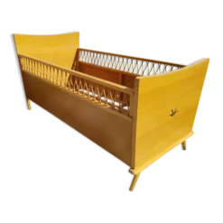 Lit scandinave enfant bois pieds compas avec rotin courbé vintage