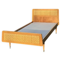Lit une place vintage bois et cannage, pieds compas – sommier 80 × 190 cm