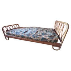 Lit une place vintage en rotin naturel – 90 × 190 cm – Années 70