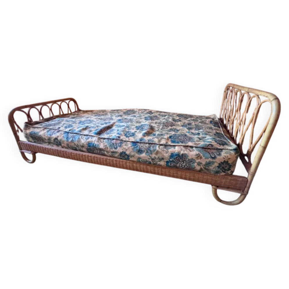 Lit une place vintage en rotin naturel – 90 × 190 cm – Années 70
