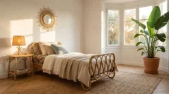 Lit une place vintage en rotin naturel – 90 × 190 cm – Années 70