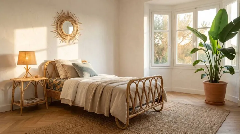 Lit une place vintage en rotin naturel – 90 × 190 cm – Années 70
