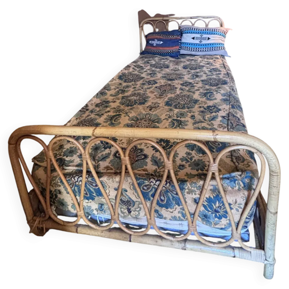 Lit une place vintage en rotin naturel – 90 × 190 cm – Années 70