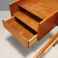 Lit vintage design avec table de chevet, placage de teck, tissu, années 1960