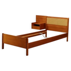 Lit vintage design avec table de chevet, placage de teck, tissu, années 1960