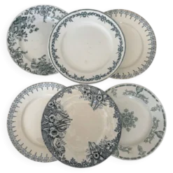 Lot 6 assiette à dessert terre de fer bleu vert plate faïence français