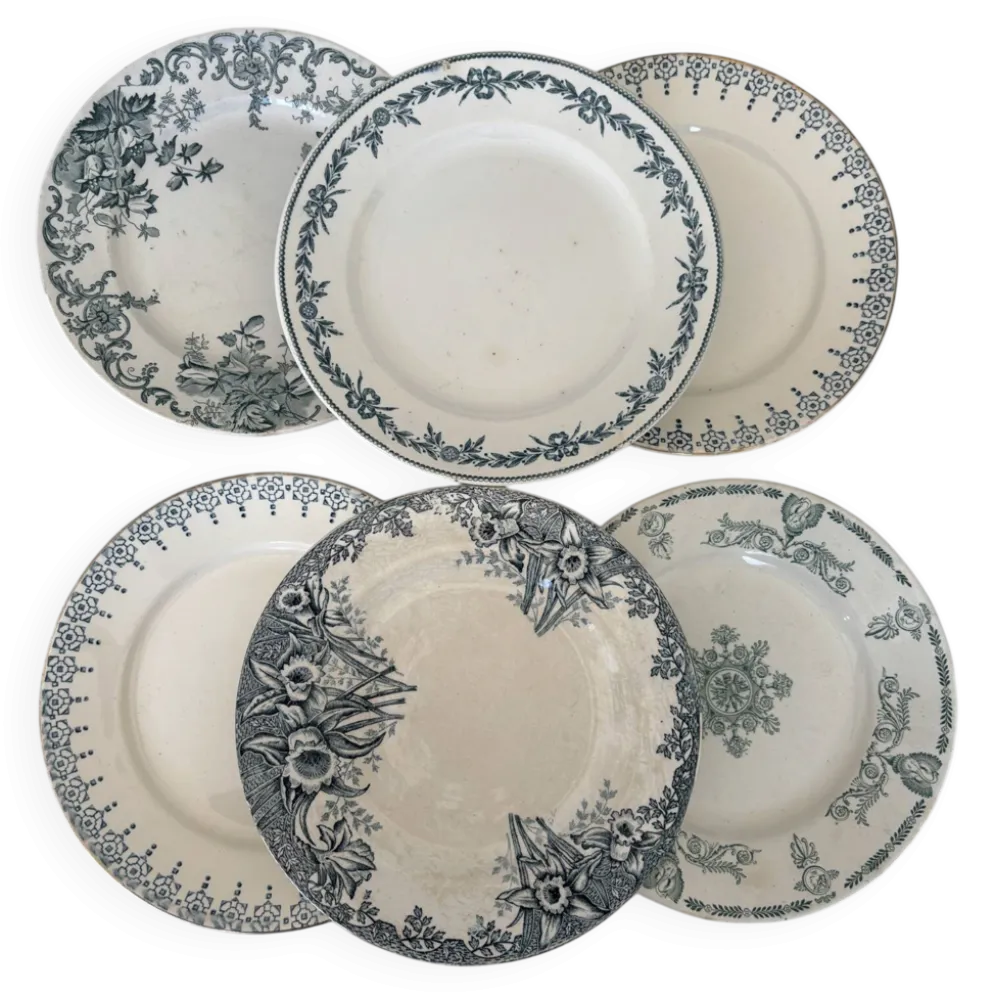 Lot 6 assiette à dessert terre de fer bleu vert plate faïence français