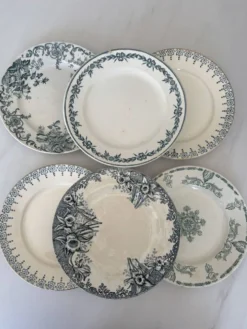 Lot 6 assiette à dessert terre de fer bleu vert plate faïence français