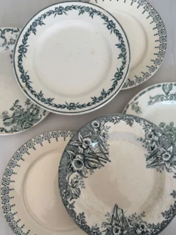 Lot 6 assiette à dessert terre de fer bleu vert plate faïence français