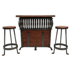 Lot Bar et tabouret en fer forgé et bois