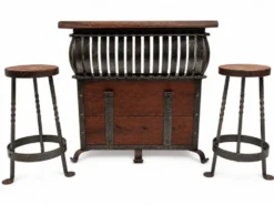 Lot Bar et tabouret en fer forgé et bois