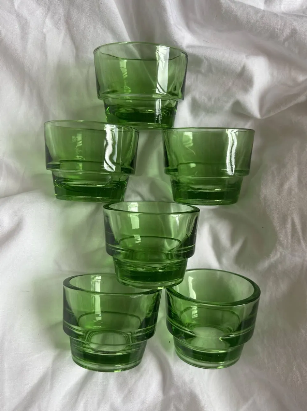 Lot 6 coquetiers lever vintage en verre vert design années 70