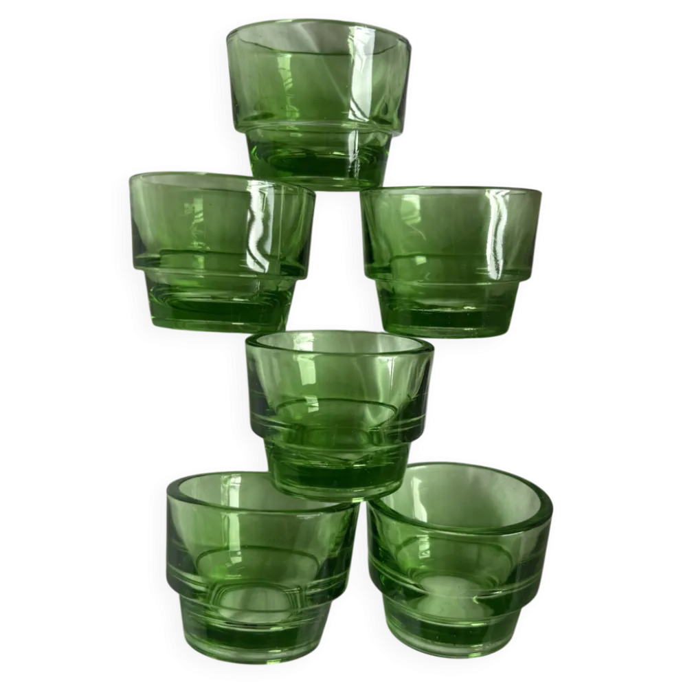 Lot 6 coquetiers lever vintage en verre vert design années 70