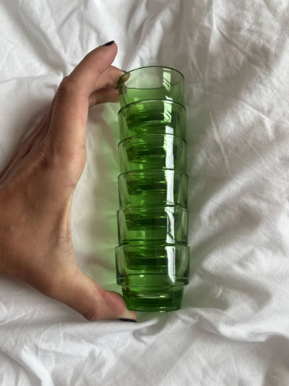 Lot 6 coquetiers lever vintage en verre vert design années 70