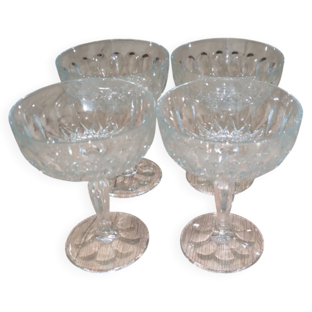 Lot 4 Coupes a Champagne Cristal Vintage Taille Diamant Service Retro