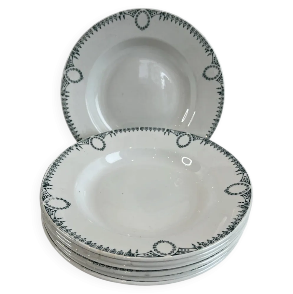 Lot de 7 assiette creuses en faïence,décor frise verte