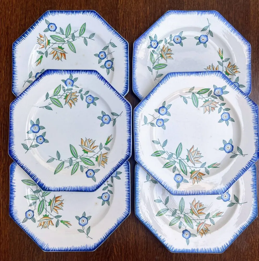 Lot de 6 assiettes anciennes octogonales Longwy – Vieux Longwy
