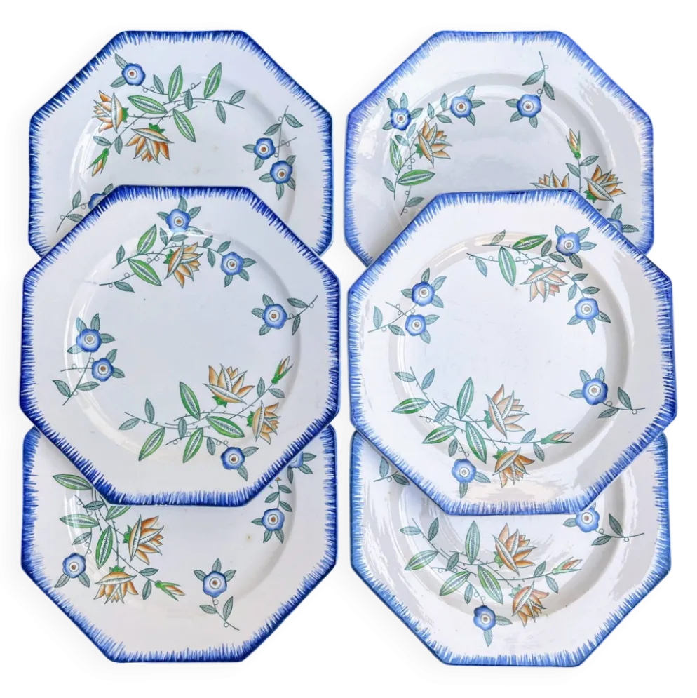 Lot de 6 assiettes anciennes octogonales Longwy – Vieux Longwy