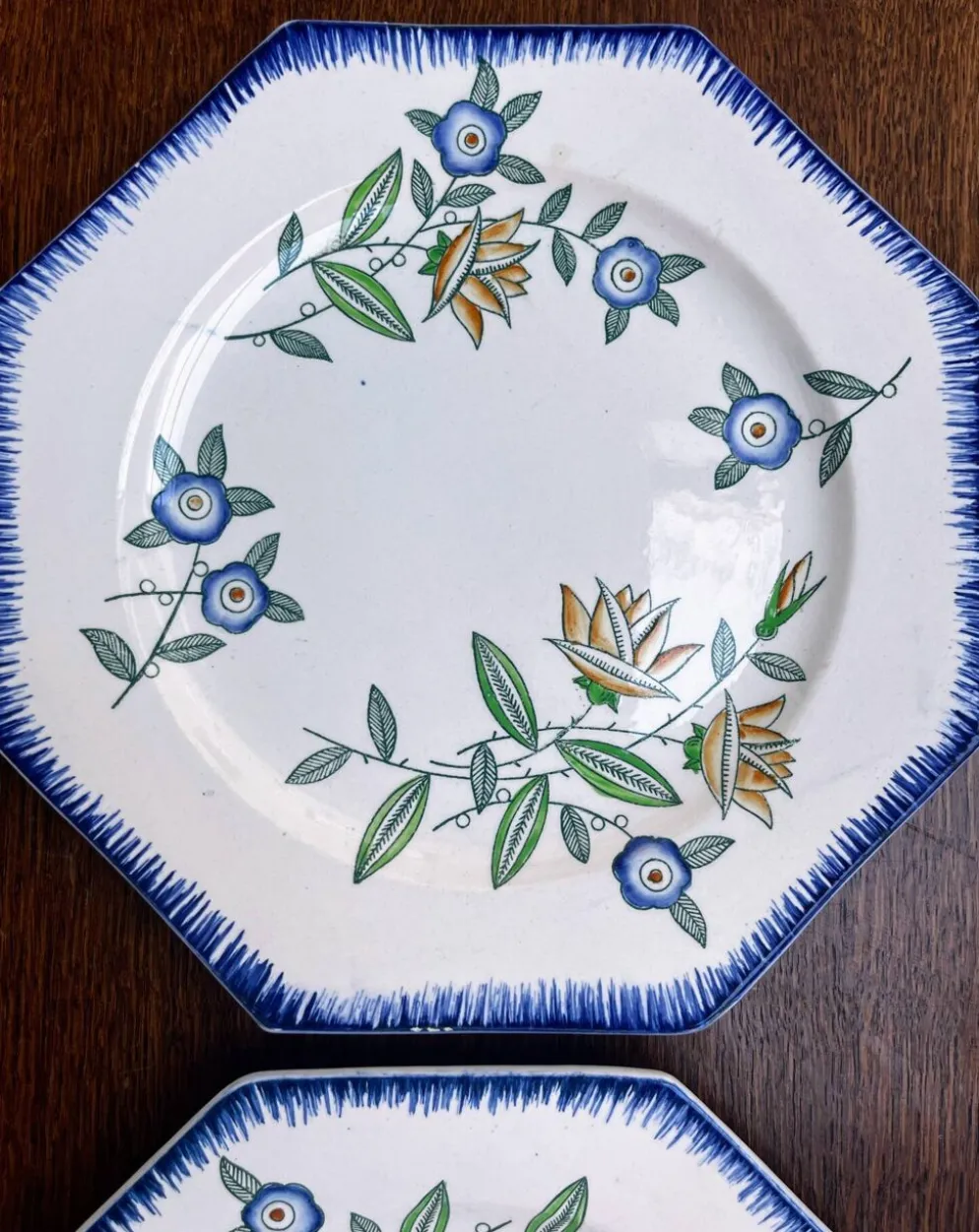 Lot de 6 assiettes anciennes octogonales Longwy – Vieux Longwy