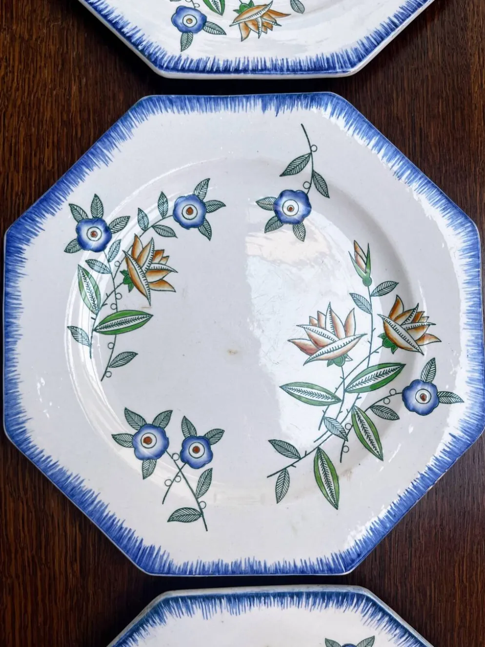 Lot de 6 assiettes anciennes octogonales Longwy – Vieux Longwy