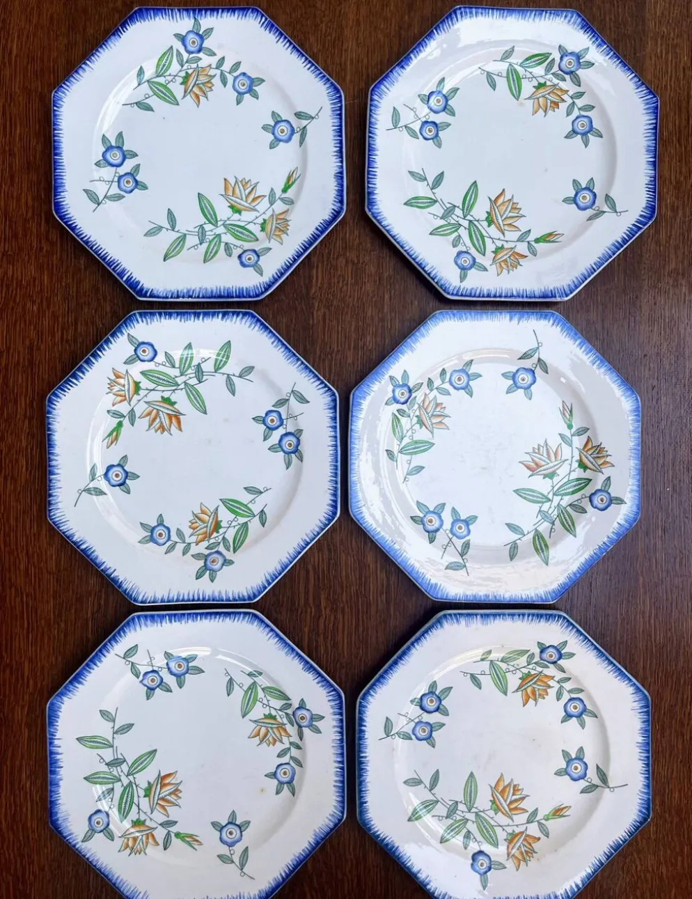 Lot de 6 assiettes anciennes octogonales Longwy – Vieux Longwy