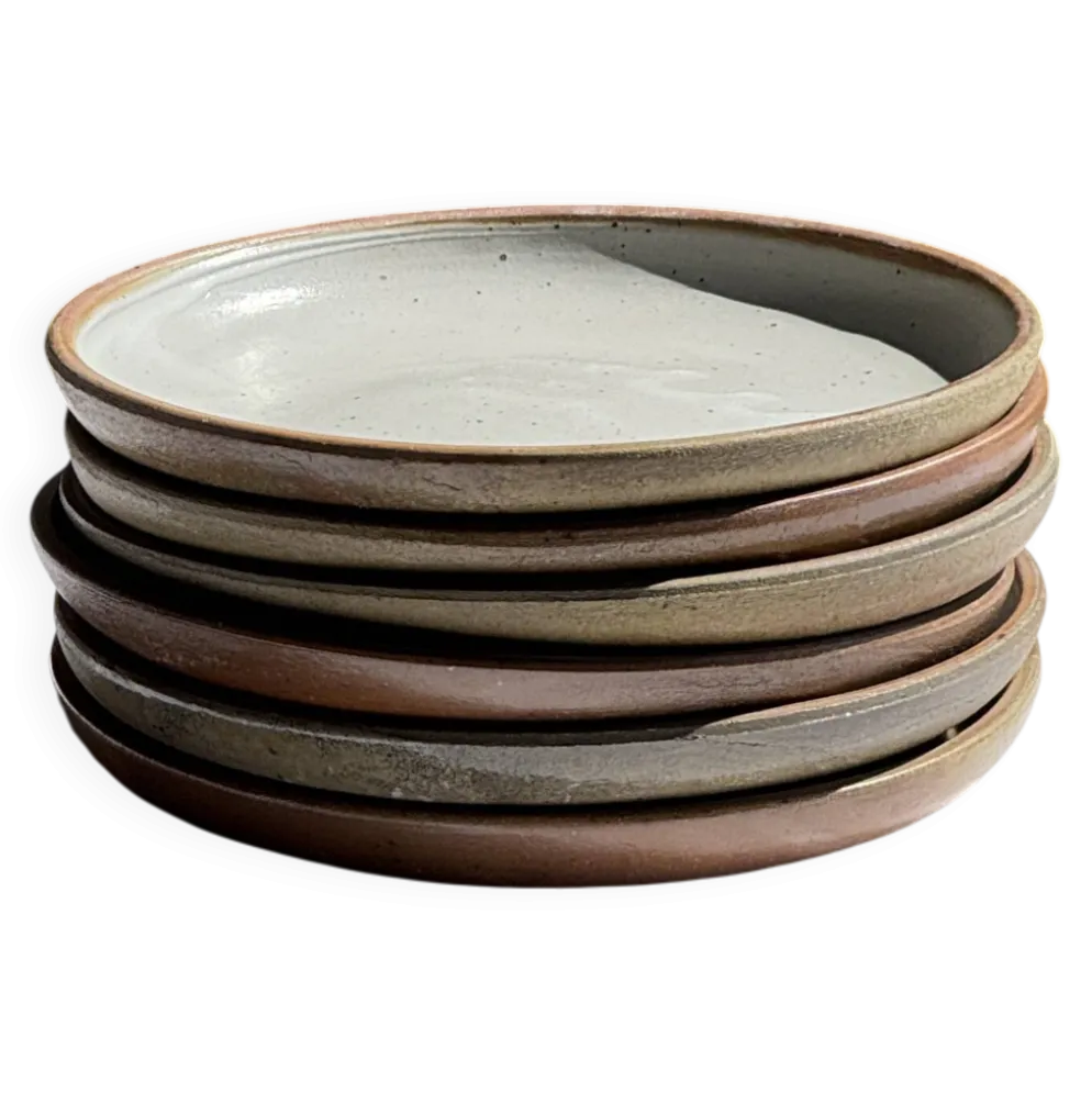 Lot de 6 assiettes artisanales en grès émaillé beige et brun D20 H3
