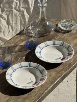 Lot de 3 assiettes creuses Digoin Sarreguemines bleues et fleurs roses D23