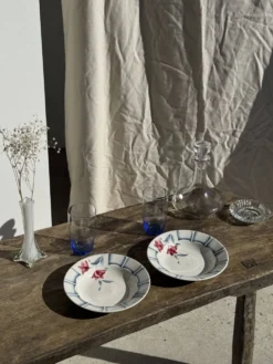 Lot de 3 assiettes creuses Digoin Sarreguemines bleues et fleurs roses D23