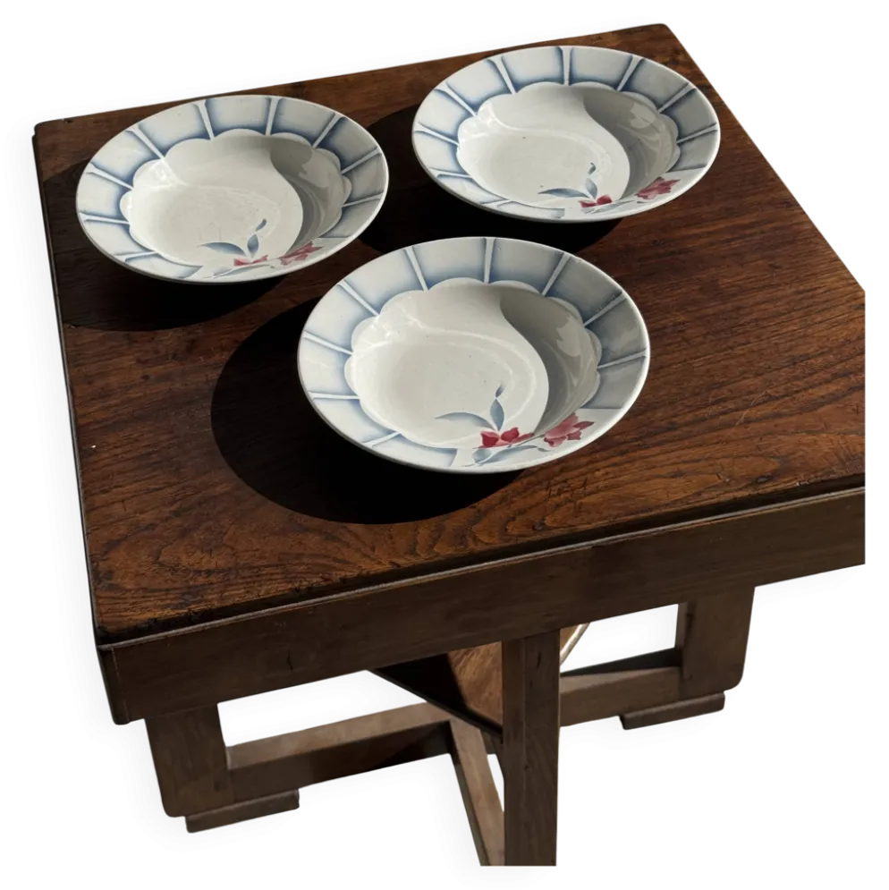 Lot de 3 assiettes creuses Digoin Sarreguemines bleues et fleurs roses D23