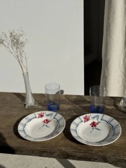 Lot de 3 assiettes creuses Digoin Sarreguemines bleues et fleurs roses D23