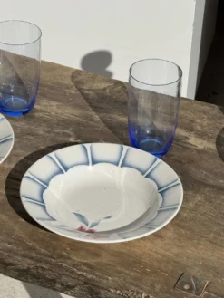 Lot de 3 assiettes creuses Digoin Sarreguemines bleues et fleurs roses D23