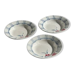Lot de 3 assiettes creuses Digoin Sarreguemines bleues et fleurs roses D23