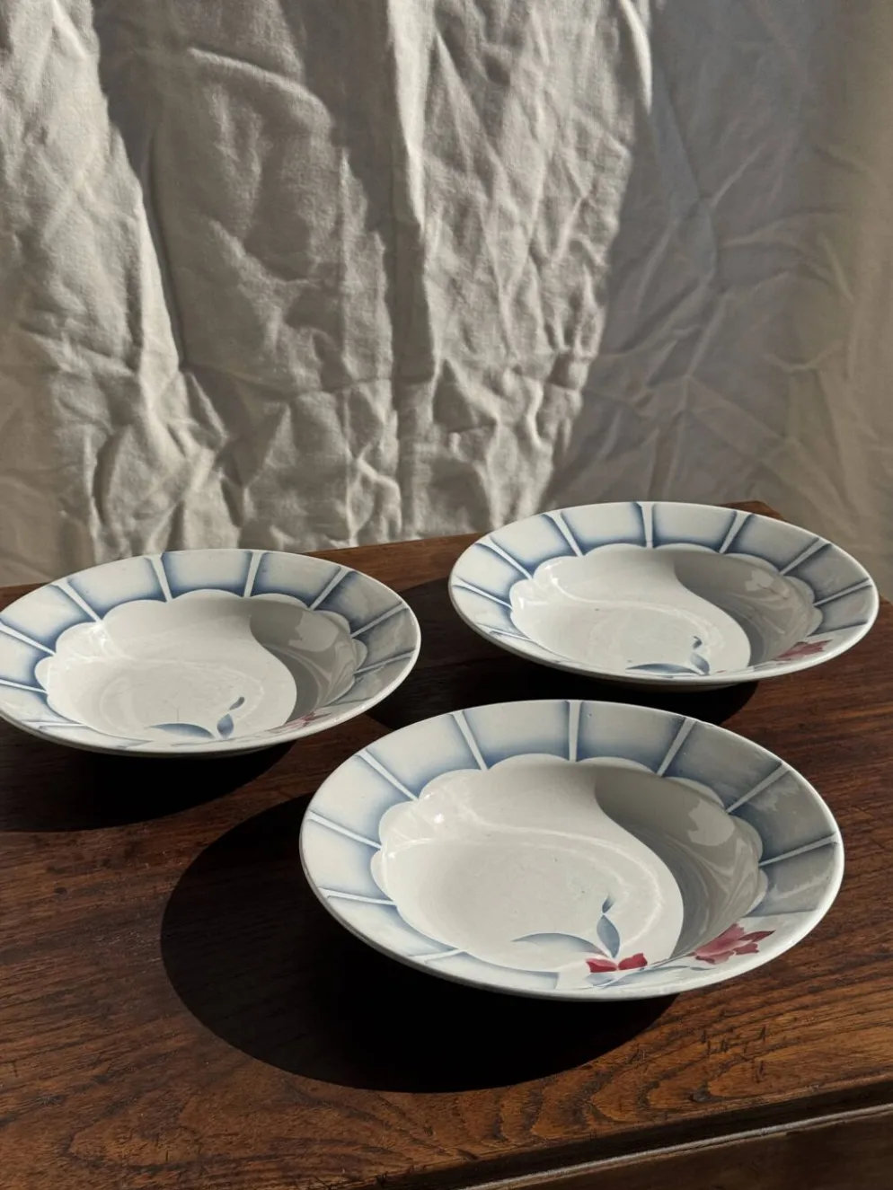 Lot de 3 assiettes creuses Digoin Sarreguemines bleues et fleurs roses D23