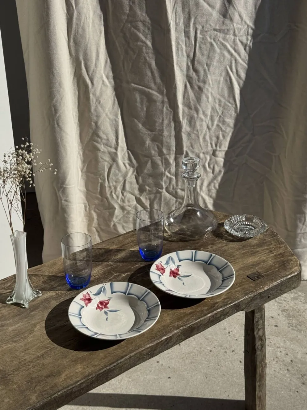 Lot de 3 assiettes creuses Digoin Sarreguemines bleues et fleurs roses D23