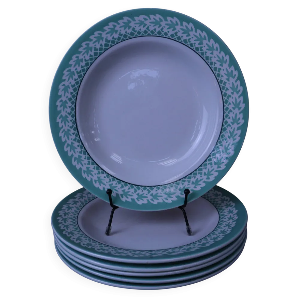 Lot de 6 Assiettes creuses KIFO L'Amandinoise décor feuilles vertes