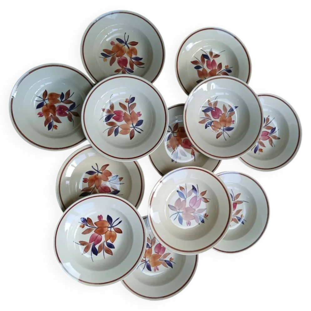 Lot de 12 assiettes creuses vintage motif bordeaux caramel
