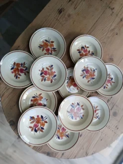 Lot de 12 assiettes creuses vintage motif bordeaux caramel