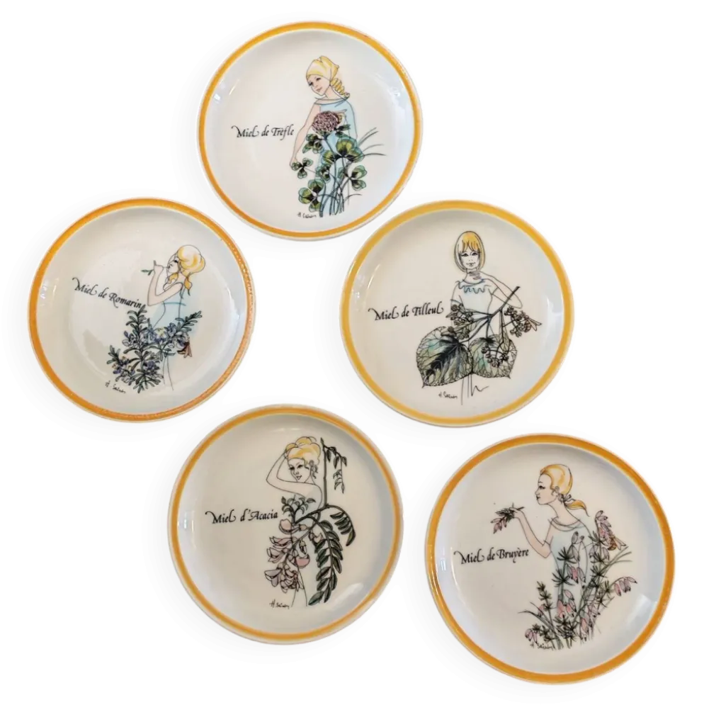 Lot de 5 assiettes décoratives Gien par Hughette Sainson