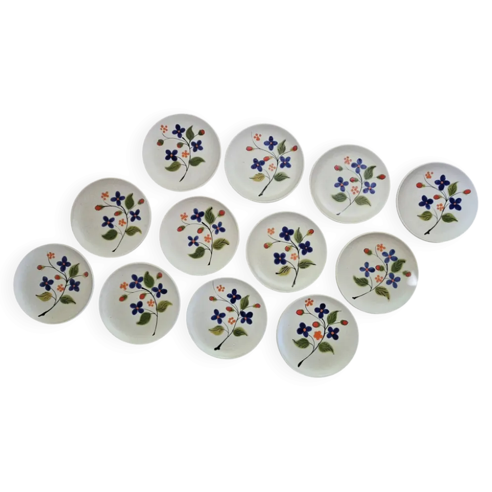 Lot de 12 assiettes à dessert en céramique de Poët Laval (Années 50)