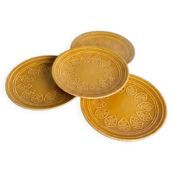 Lot de 4 assiettes à dessert en grès ocre / moutarde à motifs en relie