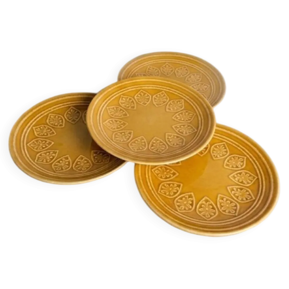 Lot de 4 assiettes à dessert en grès ocre / moutarde à motifs en relie