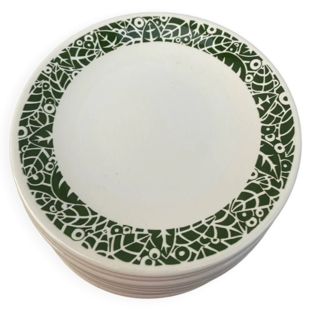 Lot de 10 assiettes en céramique à décor de feuillage vert