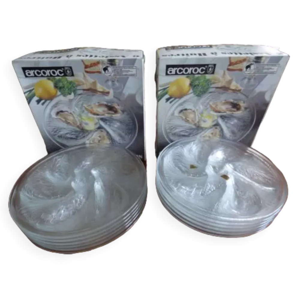Lot de 12 assiettes à huitres vintages années 70 Arcoroc