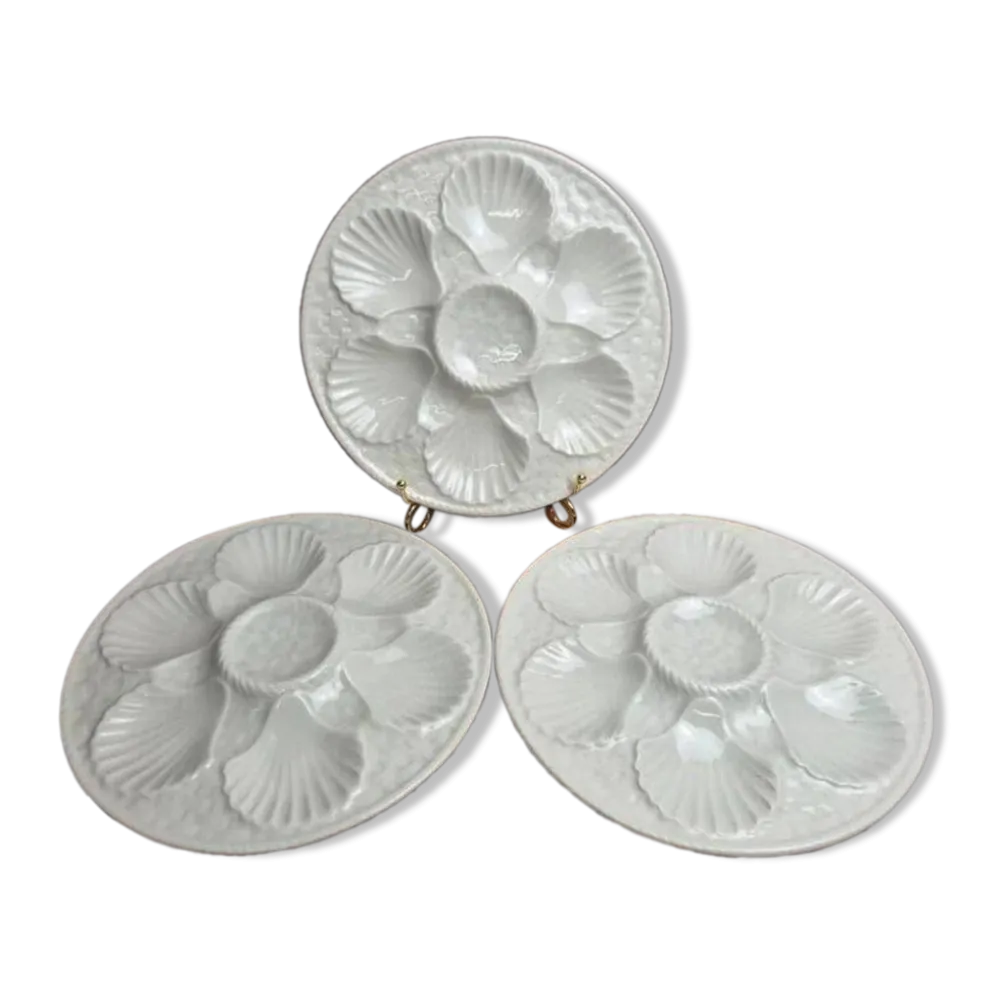 Lot de 3 assiettes à huîtres / coquillages Chantilly France – blanc craquelé